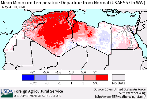 North Africa Mean Minimum Temperature Departure from Normal (USAF 557th WW) Thematic Map For 5/4/2020 - 5/10/2020
