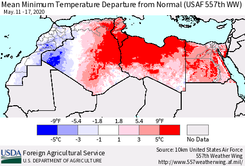 North Africa Mean Minimum Temperature Departure from Normal (USAF 557th WW) Thematic Map For 5/11/2020 - 5/17/2020