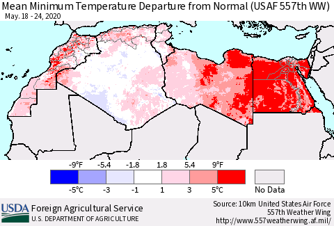 North Africa Mean Minimum Temperature Departure from Normal (USAF 557th WW) Thematic Map For 5/18/2020 - 5/24/2020