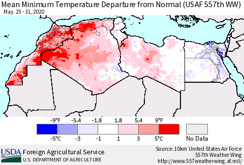 North Africa Mean Minimum Temperature Departure from Normal (USAF 557th WW) Thematic Map For 5/25/2020 - 5/31/2020