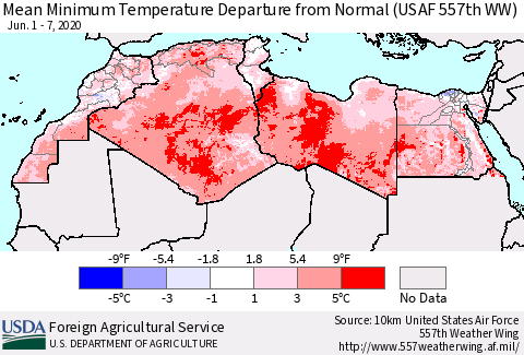 North Africa Mean Minimum Temperature Departure from Normal (USAF 557th WW) Thematic Map For 6/1/2020 - 6/7/2020