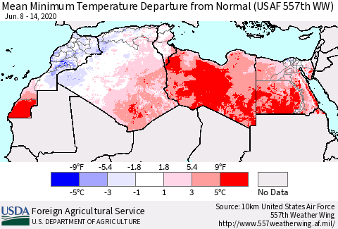 North Africa Mean Minimum Temperature Departure from Normal (USAF 557th WW) Thematic Map For 6/8/2020 - 6/14/2020