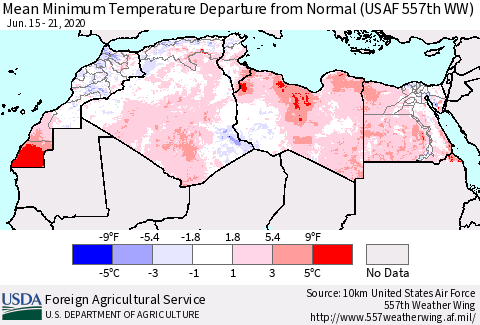 North Africa Mean Minimum Temperature Departure from Normal (USAF 557th WW) Thematic Map For 6/15/2020 - 6/21/2020