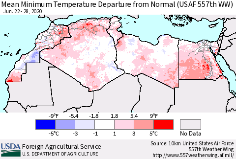 North Africa Mean Minimum Temperature Departure from Normal (USAF 557th WW) Thematic Map For 6/22/2020 - 6/28/2020