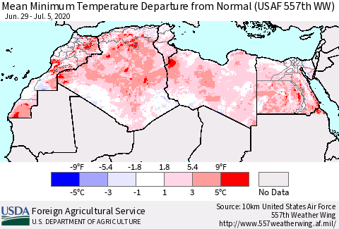 North Africa Mean Minimum Temperature Departure from Normal (USAF 557th WW) Thematic Map For 6/29/2020 - 7/5/2020