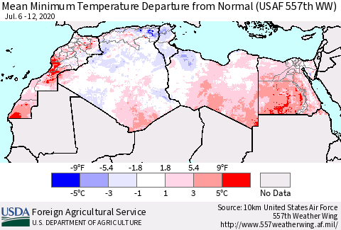 North Africa Mean Minimum Temperature Departure from Normal (USAF 557th WW) Thematic Map For 7/6/2020 - 7/12/2020