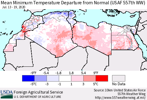 North Africa Mean Minimum Temperature Departure from Normal (USAF 557th WW) Thematic Map For 7/13/2020 - 7/19/2020