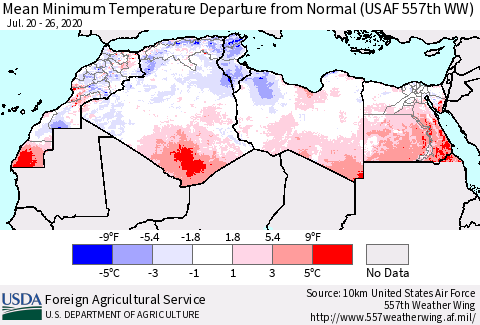 North Africa Mean Minimum Temperature Departure from Normal (USAF 557th WW) Thematic Map For 7/20/2020 - 7/26/2020