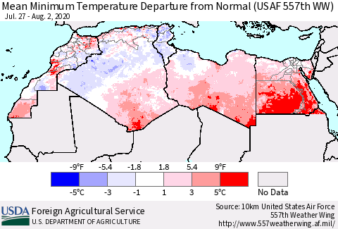 North Africa Mean Minimum Temperature Departure from Normal (USAF 557th WW) Thematic Map For 7/27/2020 - 8/2/2020