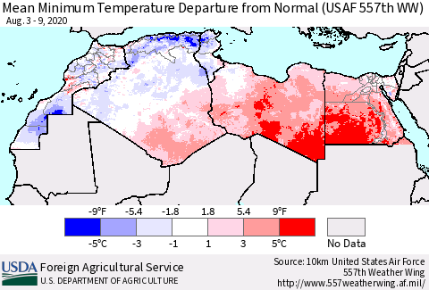 North Africa Mean Minimum Temperature Departure from Normal (USAF 557th WW) Thematic Map For 8/3/2020 - 8/9/2020