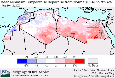 North Africa Mean Minimum Temperature Departure from Normal (USAF 557th WW) Thematic Map For 8/10/2020 - 8/16/2020
