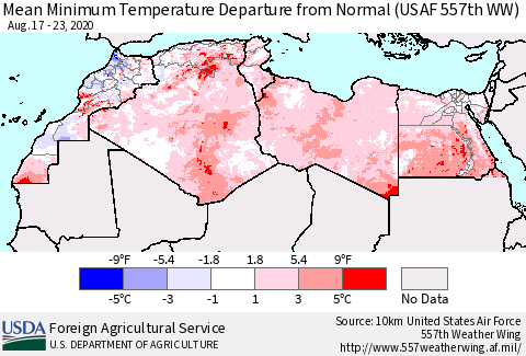 North Africa Mean Minimum Temperature Departure from Normal (USAF 557th WW) Thematic Map For 8/17/2020 - 8/23/2020