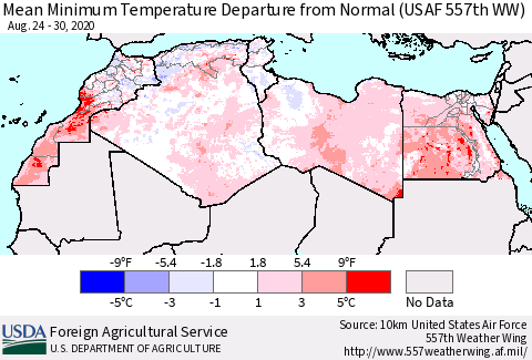 North Africa Mean Minimum Temperature Departure from Normal (USAF 557th WW) Thematic Map For 8/24/2020 - 8/30/2020