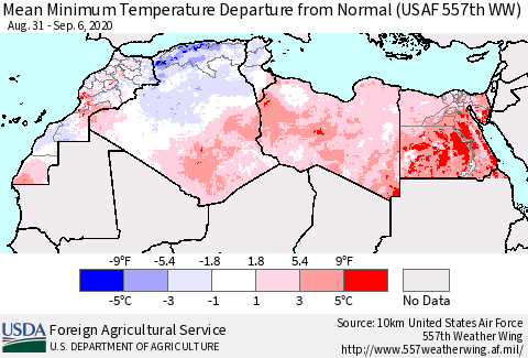 North Africa Mean Minimum Temperature Departure from Normal (USAF 557th WW) Thematic Map For 8/31/2020 - 9/6/2020
