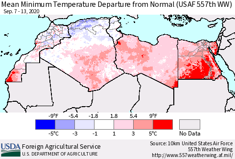 North Africa Mean Minimum Temperature Departure from Normal (USAF 557th WW) Thematic Map For 9/7/2020 - 9/13/2020
