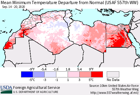 North Africa Mean Minimum Temperature Departure from Normal (USAF 557th WW) Thematic Map For 9/14/2020 - 9/20/2020
