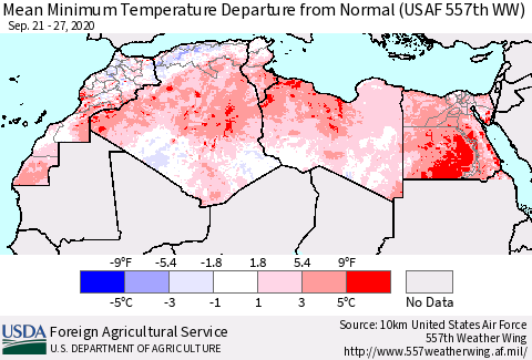 North Africa Mean Minimum Temperature Departure from Normal (USAF 557th WW) Thematic Map For 9/21/2020 - 9/27/2020
