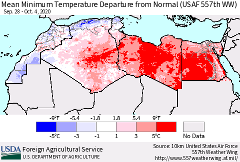 North Africa Mean Minimum Temperature Departure from Normal (USAF 557th WW) Thematic Map For 9/28/2020 - 10/4/2020
