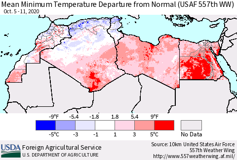 North Africa Mean Minimum Temperature Departure from Normal (USAF 557th WW) Thematic Map For 10/5/2020 - 10/11/2020