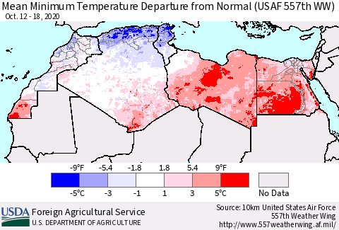 North Africa Mean Minimum Temperature Departure from Normal (USAF 557th WW) Thematic Map For 10/12/2020 - 10/18/2020