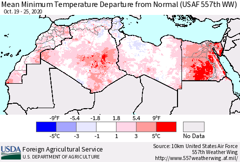North Africa Mean Minimum Temperature Departure from Normal (USAF 557th WW) Thematic Map For 10/19/2020 - 10/25/2020