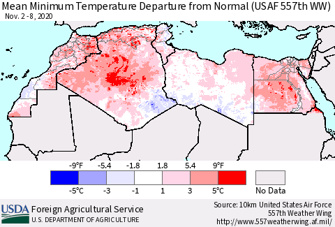 North Africa Mean Minimum Temperature Departure from Normal (USAF 557th WW) Thematic Map For 11/2/2020 - 11/8/2020