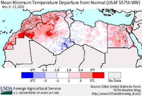 North Africa Mean Minimum Temperature Departure from Normal (USAF 557th WW) Thematic Map For 11/9/2020 - 11/15/2020