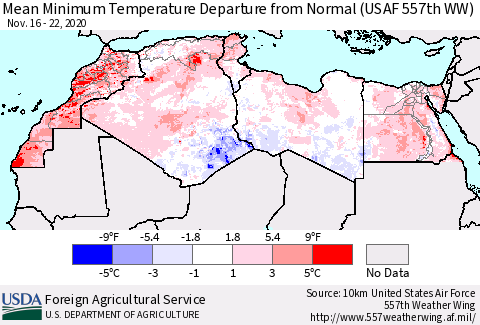 North Africa Mean Minimum Temperature Departure from Normal (USAF 557th WW) Thematic Map For 11/16/2020 - 11/22/2020