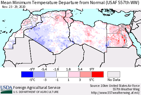 North Africa Mean Minimum Temperature Departure from Normal (USAF 557th WW) Thematic Map For 11/23/2020 - 11/29/2020