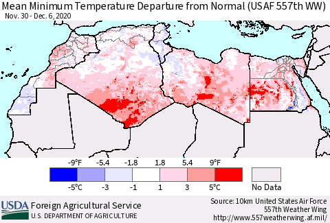 North Africa Mean Minimum Temperature Departure from Normal (USAF 557th WW) Thematic Map For 11/30/2020 - 12/6/2020