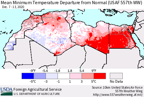 North Africa Mean Minimum Temperature Departure from Normal (USAF 557th WW) Thematic Map For 12/7/2020 - 12/13/2020