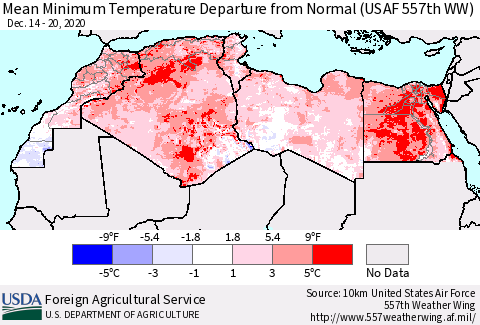 North Africa Mean Minimum Temperature Departure from Normal (USAF 557th WW) Thematic Map For 12/14/2020 - 12/20/2020