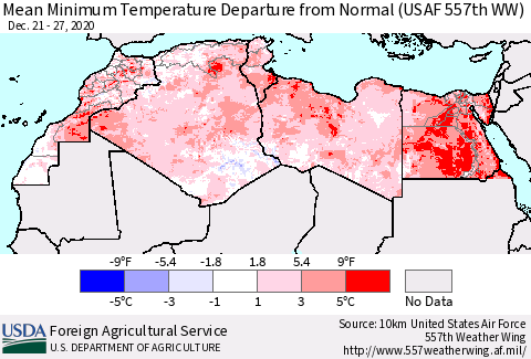 North Africa Mean Minimum Temperature Departure from Normal (USAF 557th WW) Thematic Map For 12/21/2020 - 12/27/2020