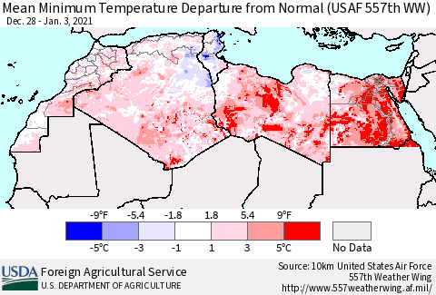 North Africa Mean Minimum Temperature Departure from Normal (USAF 557th WW) Thematic Map For 12/28/2020 - 1/3/2021