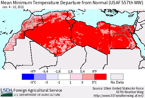 North Africa Mean Minimum Temperature Departure from Normal (USAF 557th WW) Thematic Map For 1/4/2021 - 1/10/2021
