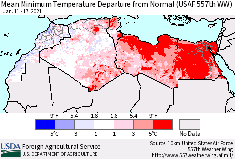 North Africa Mean Minimum Temperature Departure from Normal (USAF 557th WW) Thematic Map For 1/11/2021 - 1/17/2021