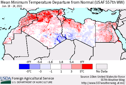 North Africa Mean Minimum Temperature Departure from Normal (USAF 557th WW) Thematic Map For 1/18/2021 - 1/24/2021