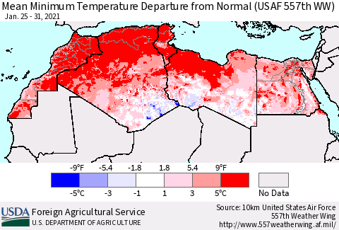 North Africa Mean Minimum Temperature Departure from Normal (USAF 557th WW) Thematic Map For 1/25/2021 - 1/31/2021