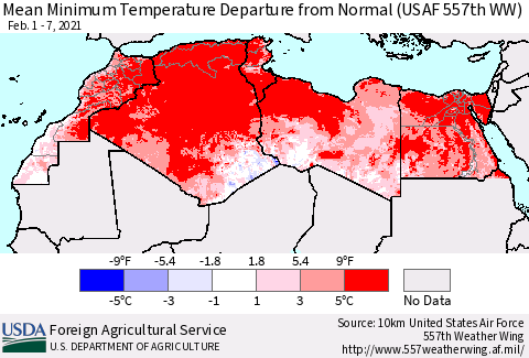 North Africa Mean Minimum Temperature Departure from Normal (USAF 557th WW) Thematic Map For 2/1/2021 - 2/7/2021