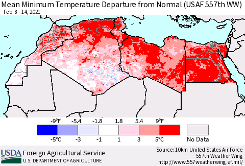 North Africa Mean Minimum Temperature Departure from Normal (USAF 557th WW) Thematic Map For 2/8/2021 - 2/14/2021
