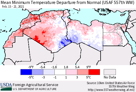 North Africa Mean Minimum Temperature Departure from Normal (USAF 557th WW) Thematic Map For 2/15/2021 - 2/21/2021