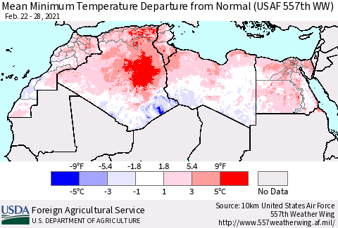 North Africa Mean Minimum Temperature Departure from Normal (USAF 557th WW) Thematic Map For 2/22/2021 - 2/28/2021