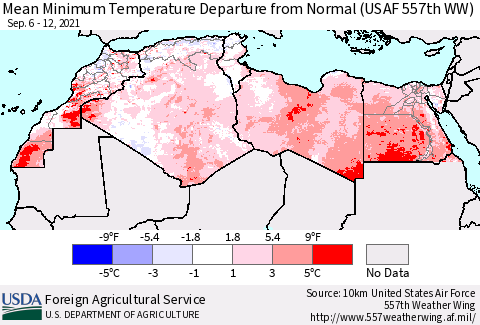 North Africa Mean Minimum Temperature Departure from Normal (USAF 557th WW) Thematic Map For 9/6/2021 - 9/12/2021