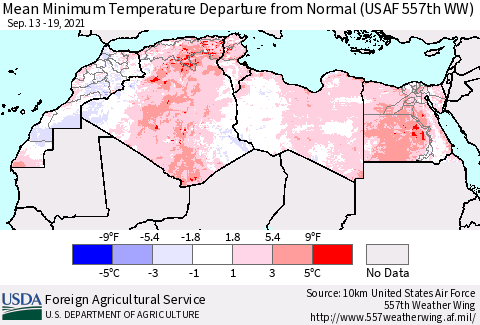 North Africa Mean Minimum Temperature Departure from Normal (USAF 557th WW) Thematic Map For 9/13/2021 - 9/19/2021