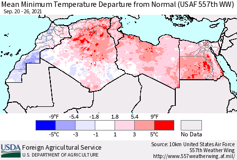 North Africa Mean Minimum Temperature Departure from Normal (USAF 557th WW) Thematic Map For 9/20/2021 - 9/26/2021