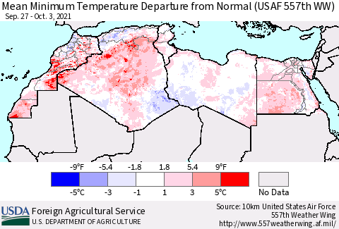 North Africa Mean Minimum Temperature Departure from Normal (USAF 557th WW) Thematic Map For 9/27/2021 - 10/3/2021