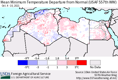 North Africa Mean Minimum Temperature Departure from Normal (USAF 557th WW) Thematic Map For 10/4/2021 - 10/10/2021