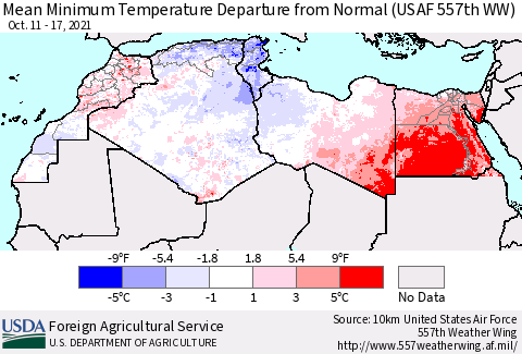 North Africa Mean Minimum Temperature Departure from Normal (USAF 557th WW) Thematic Map For 10/11/2021 - 10/17/2021