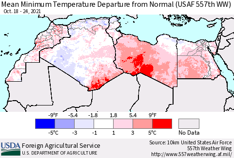 North Africa Mean Minimum Temperature Departure from Normal (USAF 557th WW) Thematic Map For 10/18/2021 - 10/24/2021