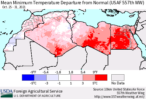 North Africa Mean Minimum Temperature Departure from Normal (USAF 557th WW) Thematic Map For 10/25/2021 - 10/31/2021